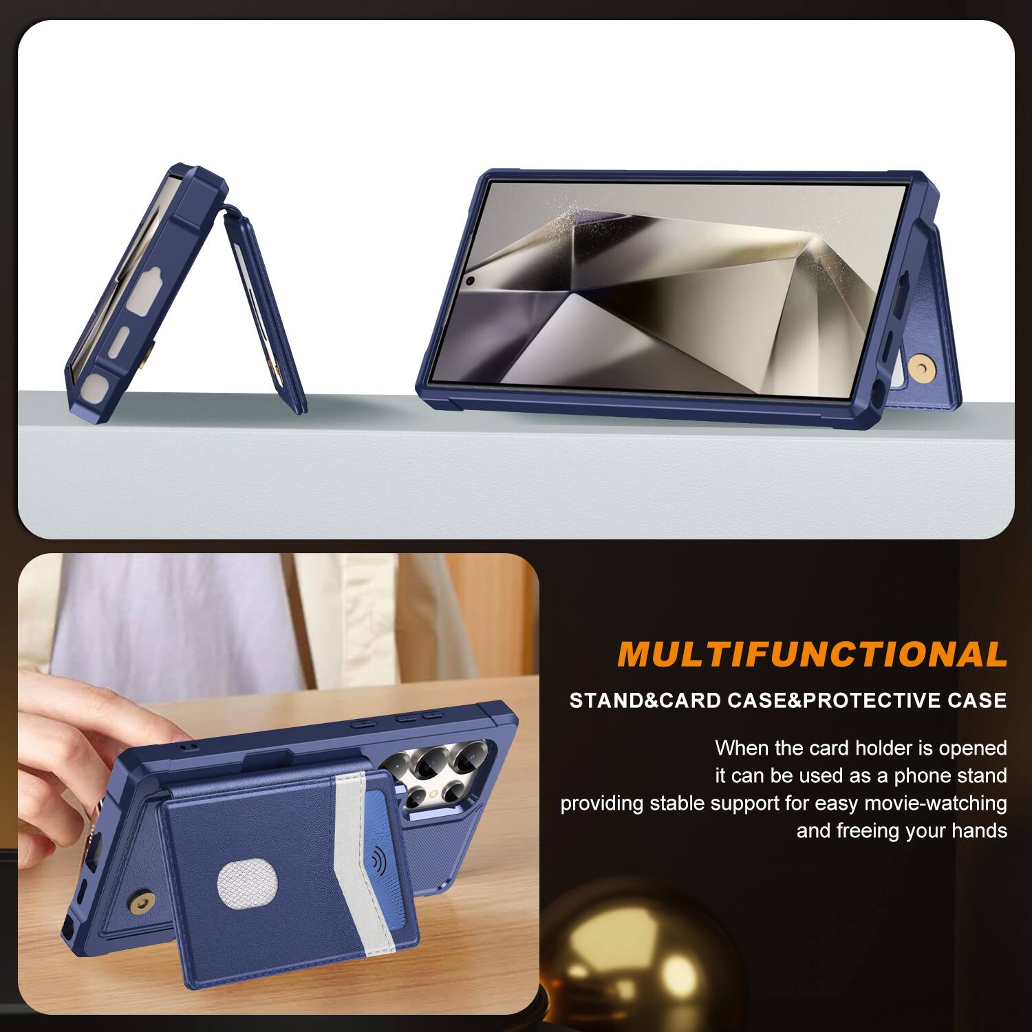 MULTIFUNCTIONAL STAND & CARD CASE & PROTECTIVE CASE

When the card holder is opened, it can be used as a phone stand, providing stable support for easy movie-watching and freeing your hands.