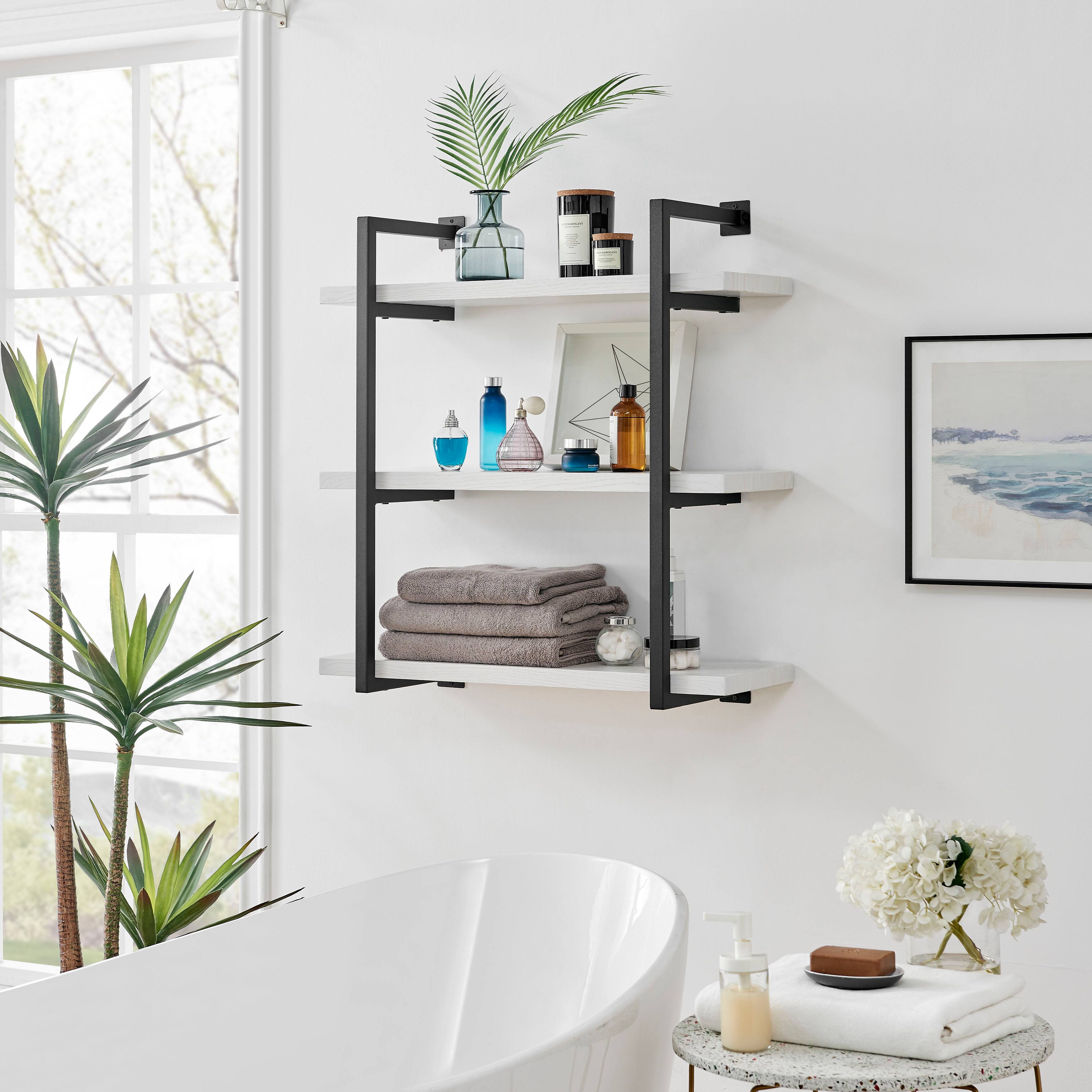 Alt View 5. Danya B - Modern 3-Tier Bracket Wall Shelves in Black Metal and White Birch Finish - White Birch.