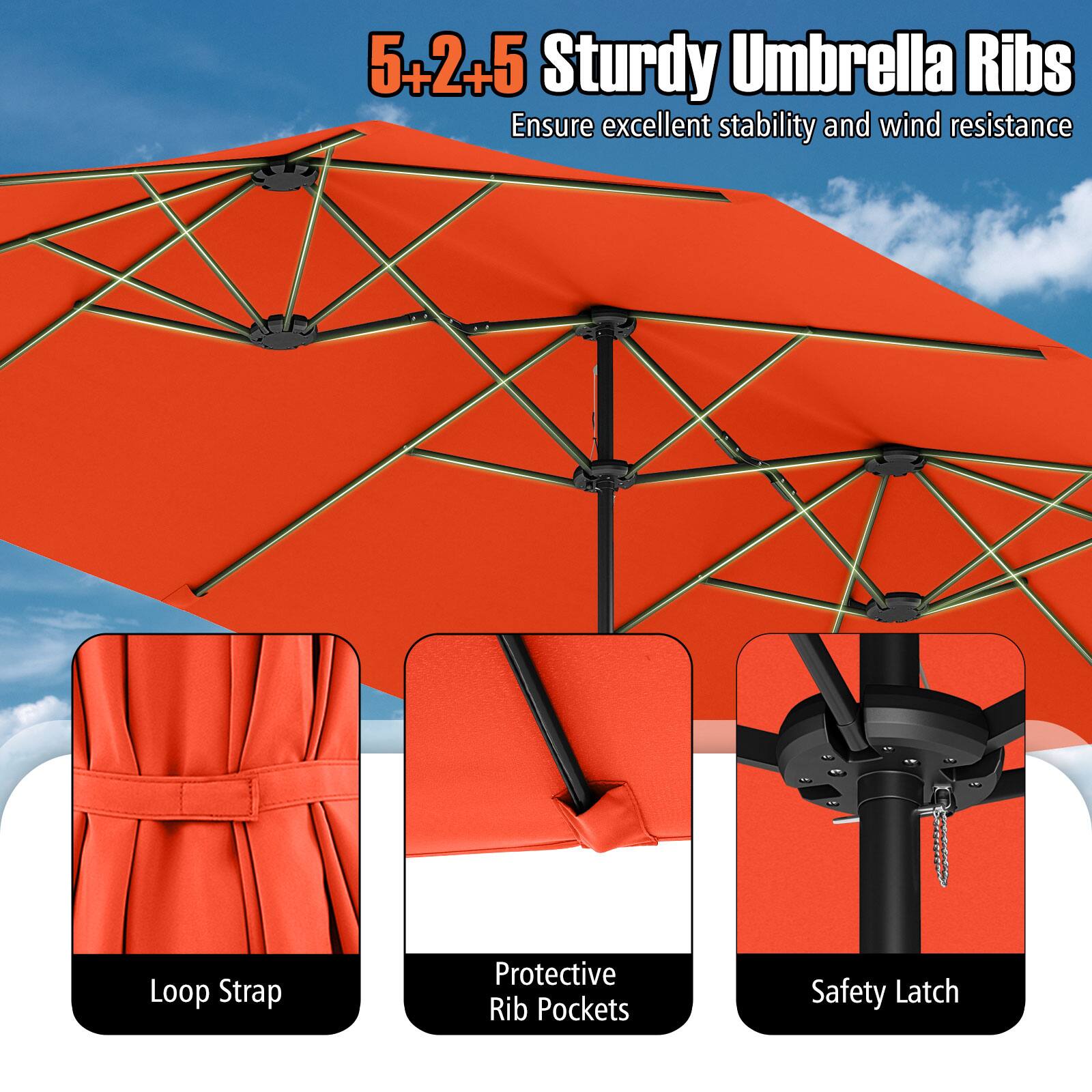 5+2+5 Sturdy Umbrella Ribs Ensure excellent stability and wind resistance Loop Strap Protective Rib Pockets Safety Latch