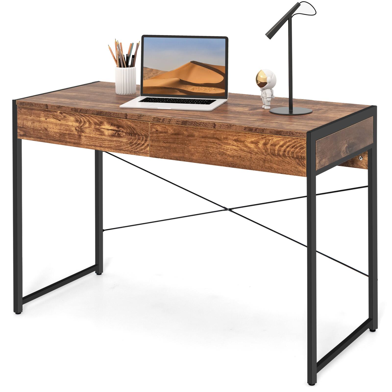 Alt View 9. Ecooso - Home Office Writing Desk with 2 Drawers, Steel Frame Computer Workstation for Small Space - Rustic Brown & Black.