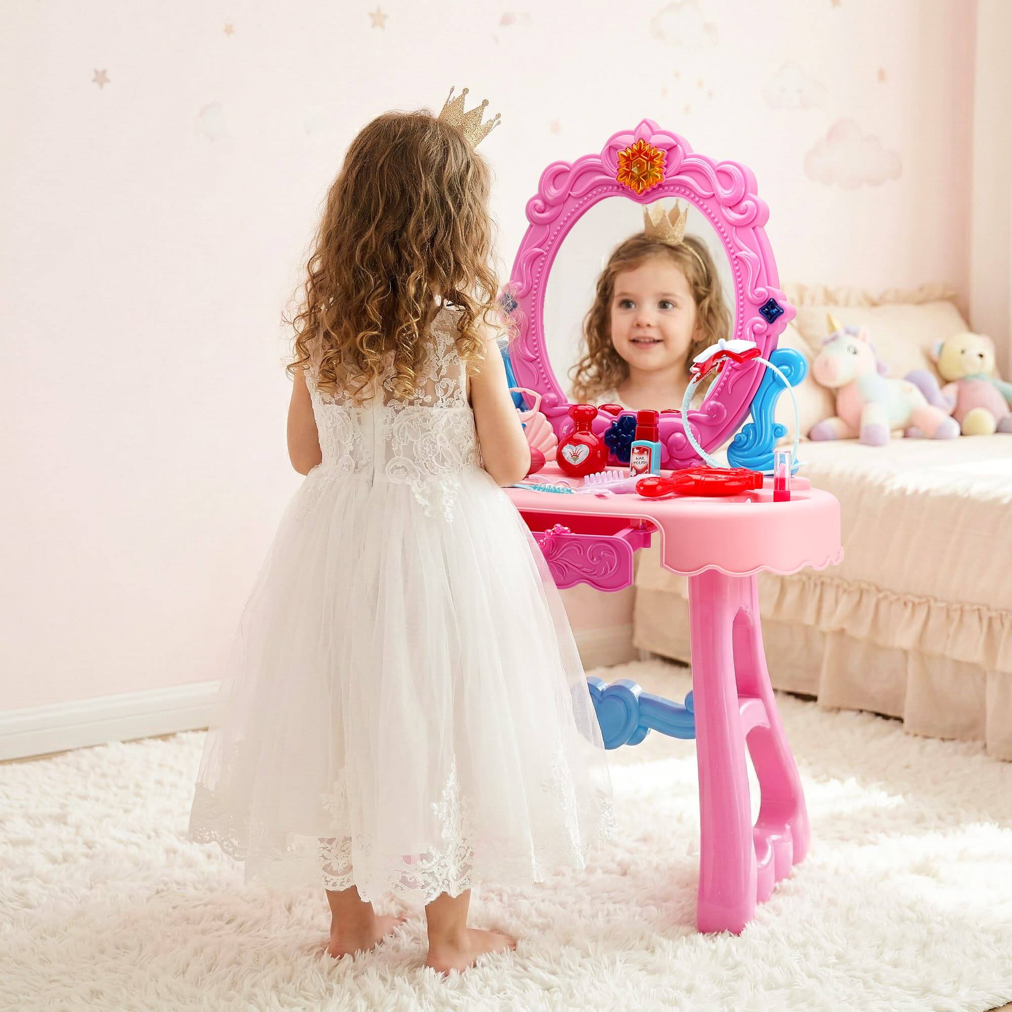 Alt View 8. Topteng - Kids Vanity Set with Lights & Music, 29PCS Accessories - Includes Mirror, Stool, Hair Dryer, Safe for Girls.