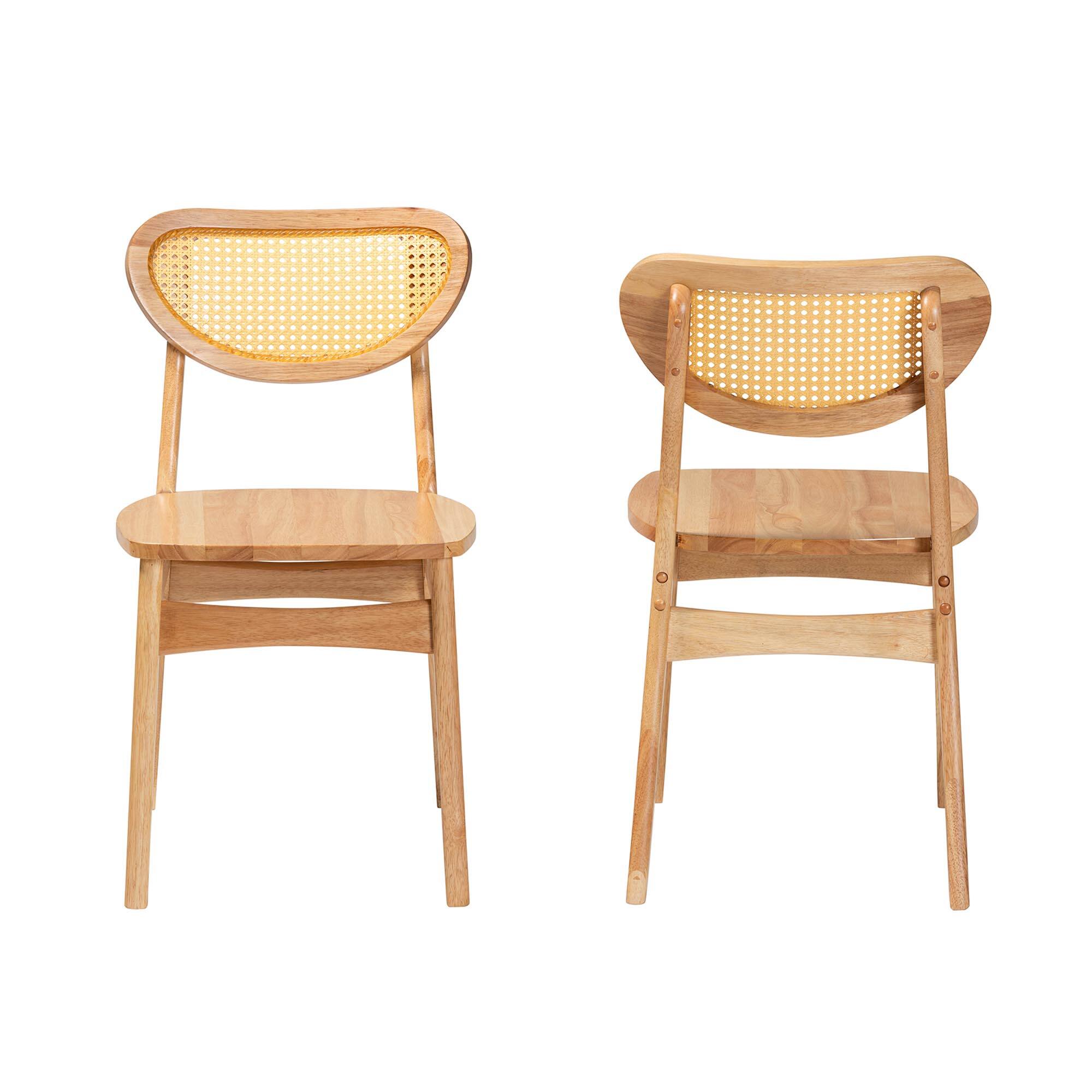Angle. Baxton Studio - Nenet Mid-Century Modern Oak Finished Wood and Rattan 2-Piece Dining Chair Set - Oak Brown/Light Brown.