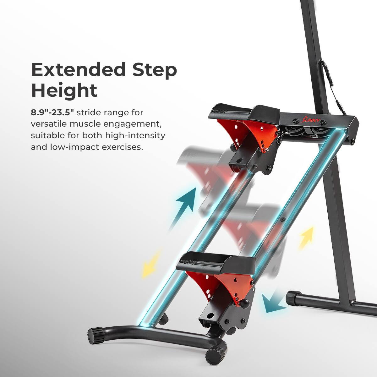 SUNNY, Extended Step Height 8.9"-23.5" stride range for versatile muscle engagement, suitable for both high-intensity and low-impact exercises.