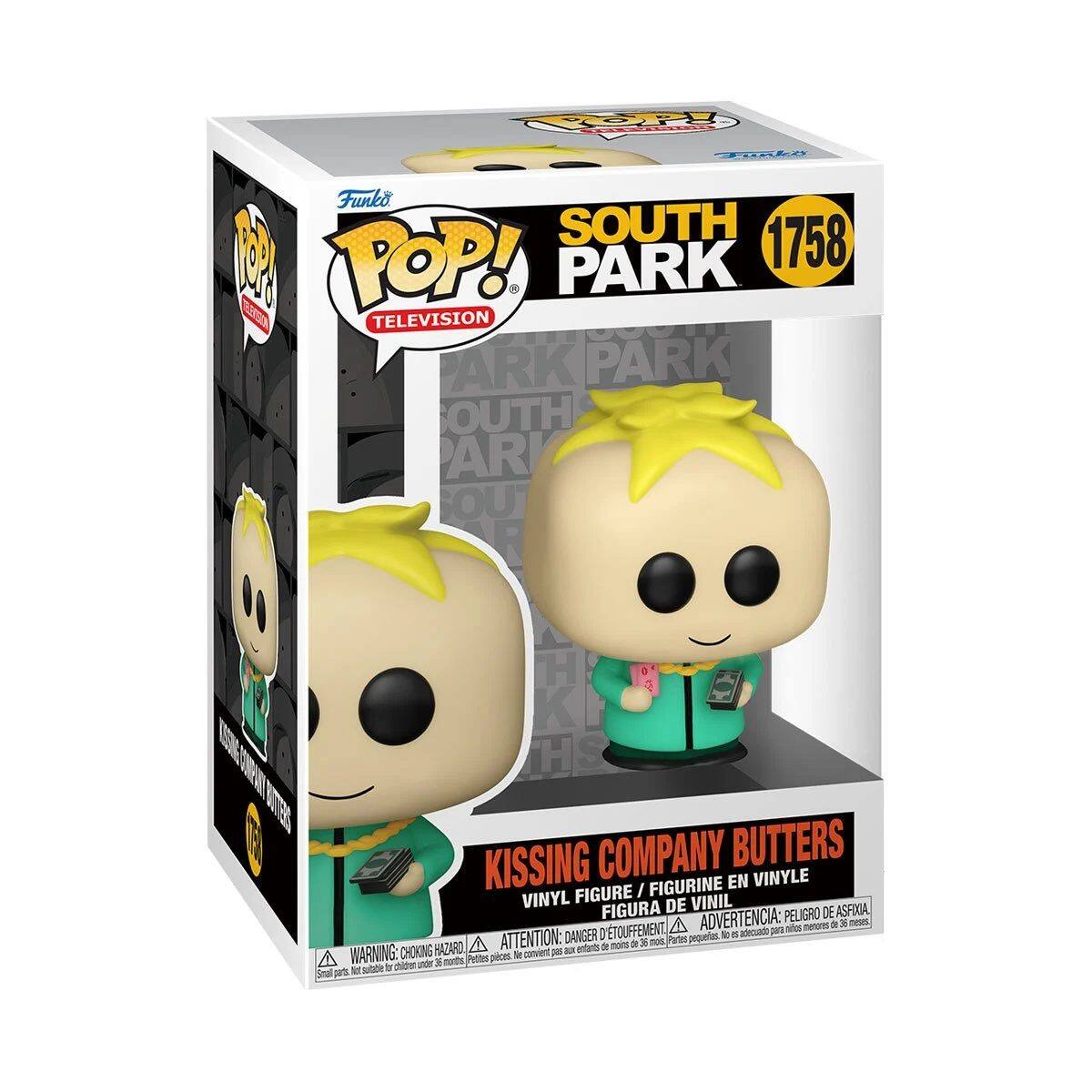 Sure, here is the corrected and grouped text from the image:

---

**Funko POP!**  
**TELEVISION**  
**SOUTH PARK**  
**1758**

**KISSING COMPANY BUTTERS**  
**VINYL FIGURE / FIGURINE EN VINYLE / FIGURA DE VINIL**

**WARNING: CHOKING HAZARD**  
**ATTENTION: DANGER DE SOUFFLEMENT**  
**ADVERTENCIA: PELIGRO DE ASFIXIA**  
**Pequeñas piezas pueden ser ingeridas por niños menores de 3 años**  
**Small parts. Not for children under 3 years.**  
**Petits pièces peuvent être ingérées par des enfants de moins de 3 ans.**

---

This text is from the packaging of a Funko Pop! vinyl figure from the South Park series.