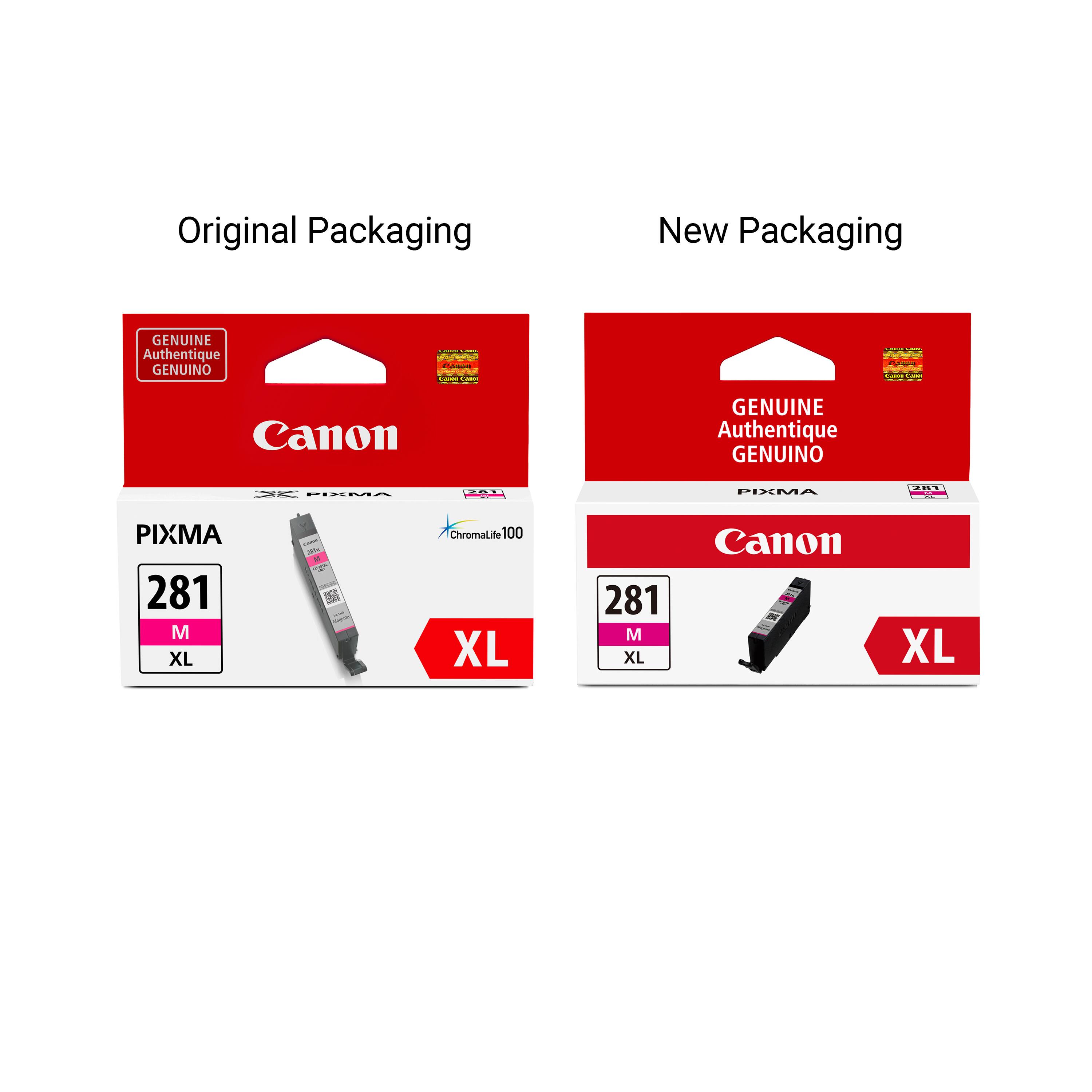 Original Packaging  
New Packaging  

GENUINE Authentique GENUINO  
Canon  

PIXMA  
281 M XL  
ChromaLife 100  

XL