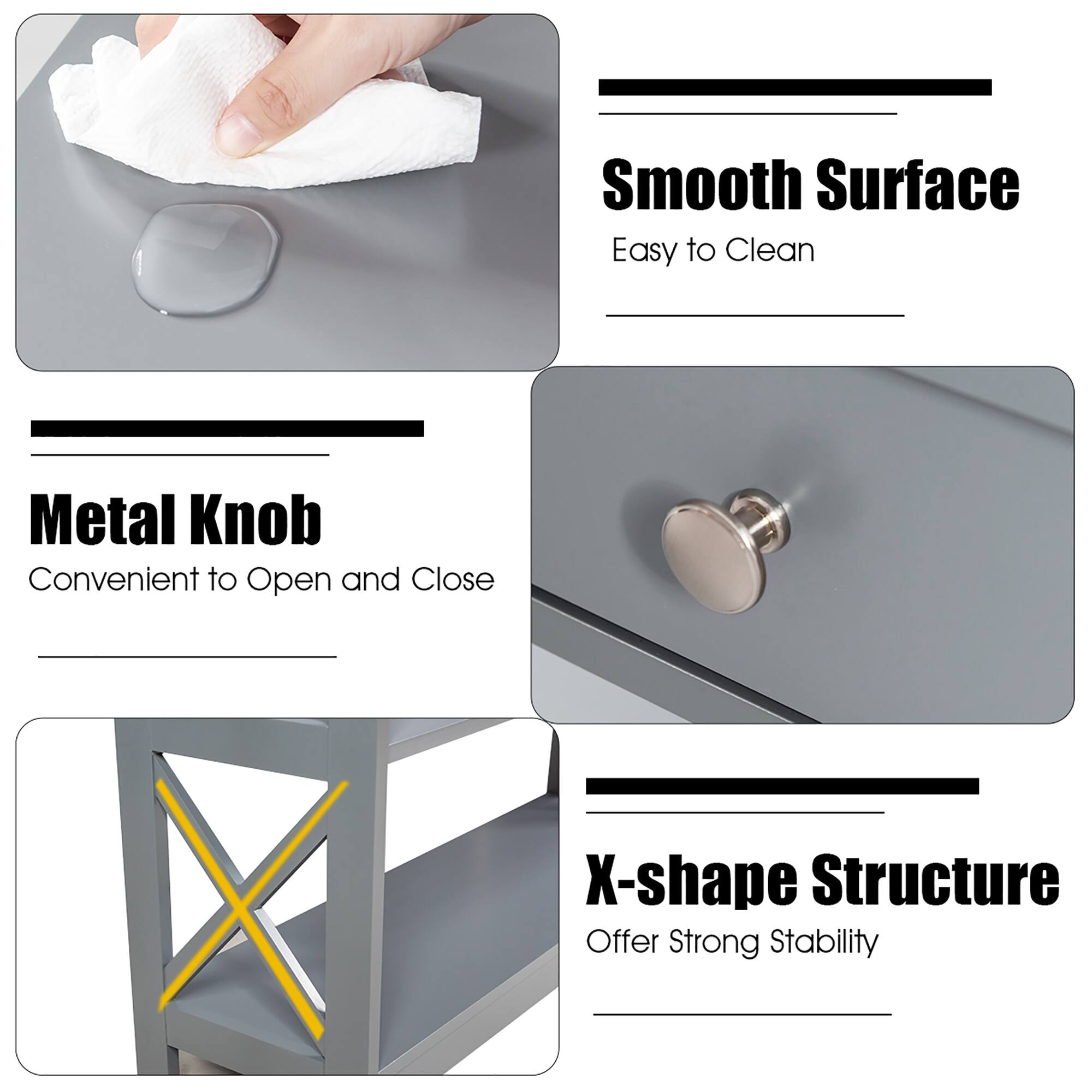 - Smooth Surface  
  Easy to Clean

- Metal Knob  
  Convenient to Open and Close

- X-shape Structure  
  Offer Strong Stability