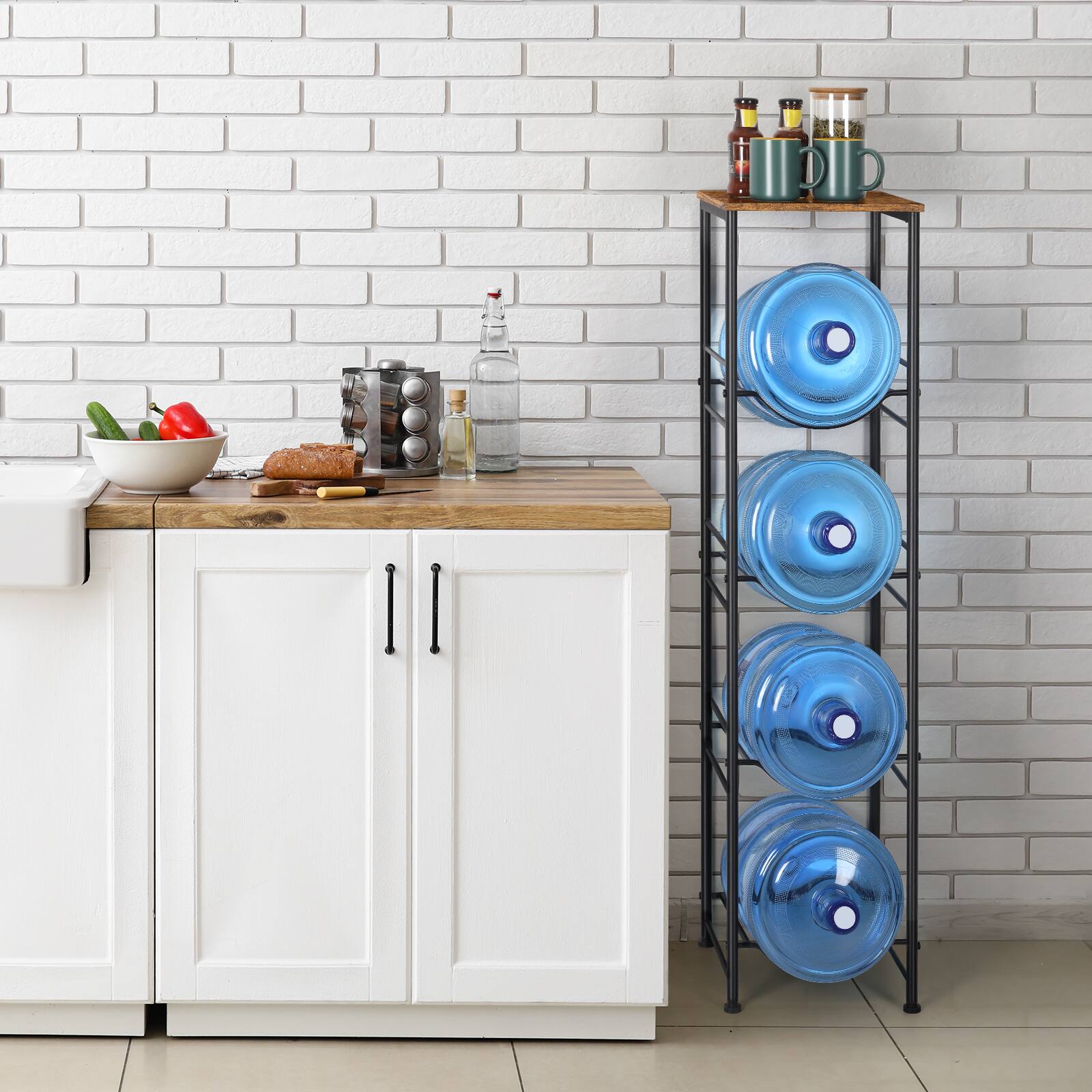 Alt View 2. Oumilen - 4-Tier Water Jug Rack with Top Storage Board, Black Metal Frame & Wood Shelf - Brown.