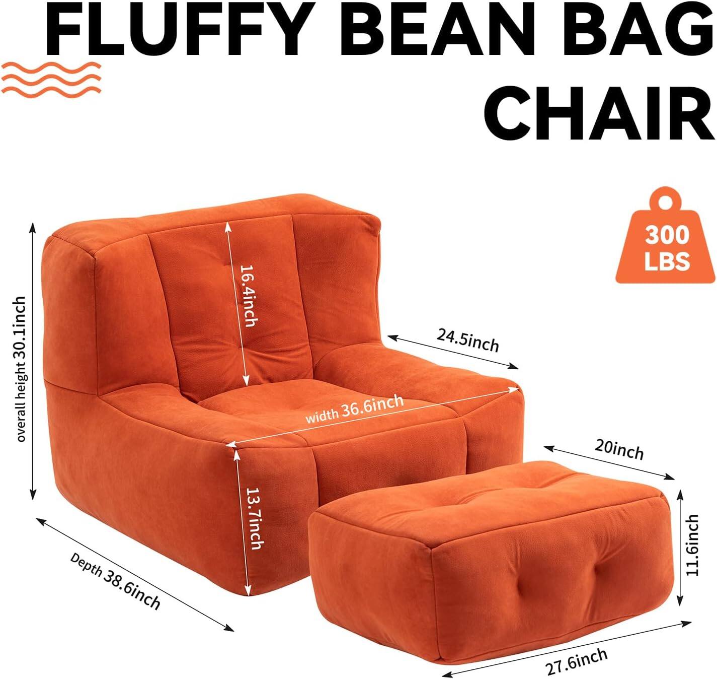 FLUFFY BEAN BAG CHAIR

- Overall height: 30.1 inch
- Depth: 38.6 inch
- Width: 36.6 inch
- Seat height: 16.4 inch
- Seat depth: 13.7 inch
- Seat width: 24.5 inch
- Armrest height: 20 inch
- Armrest width: 11.6 inch
- Armrest depth: 27.6 inch

Weight capacity: 300 LBS