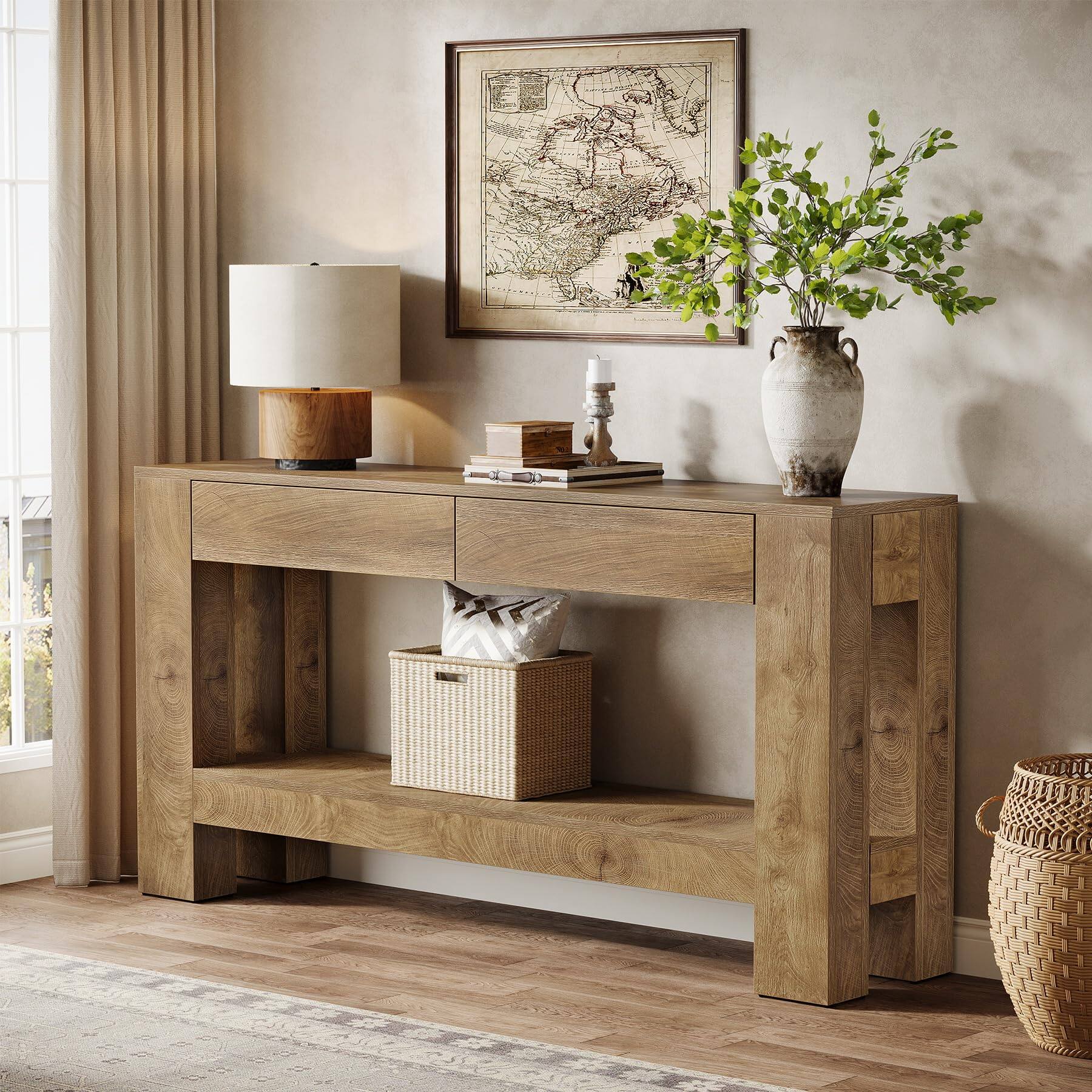 Left. Tribesigns - 63" Farmhouse Console Table with 2 Drawers and Open Storage Shelf - Brown.
