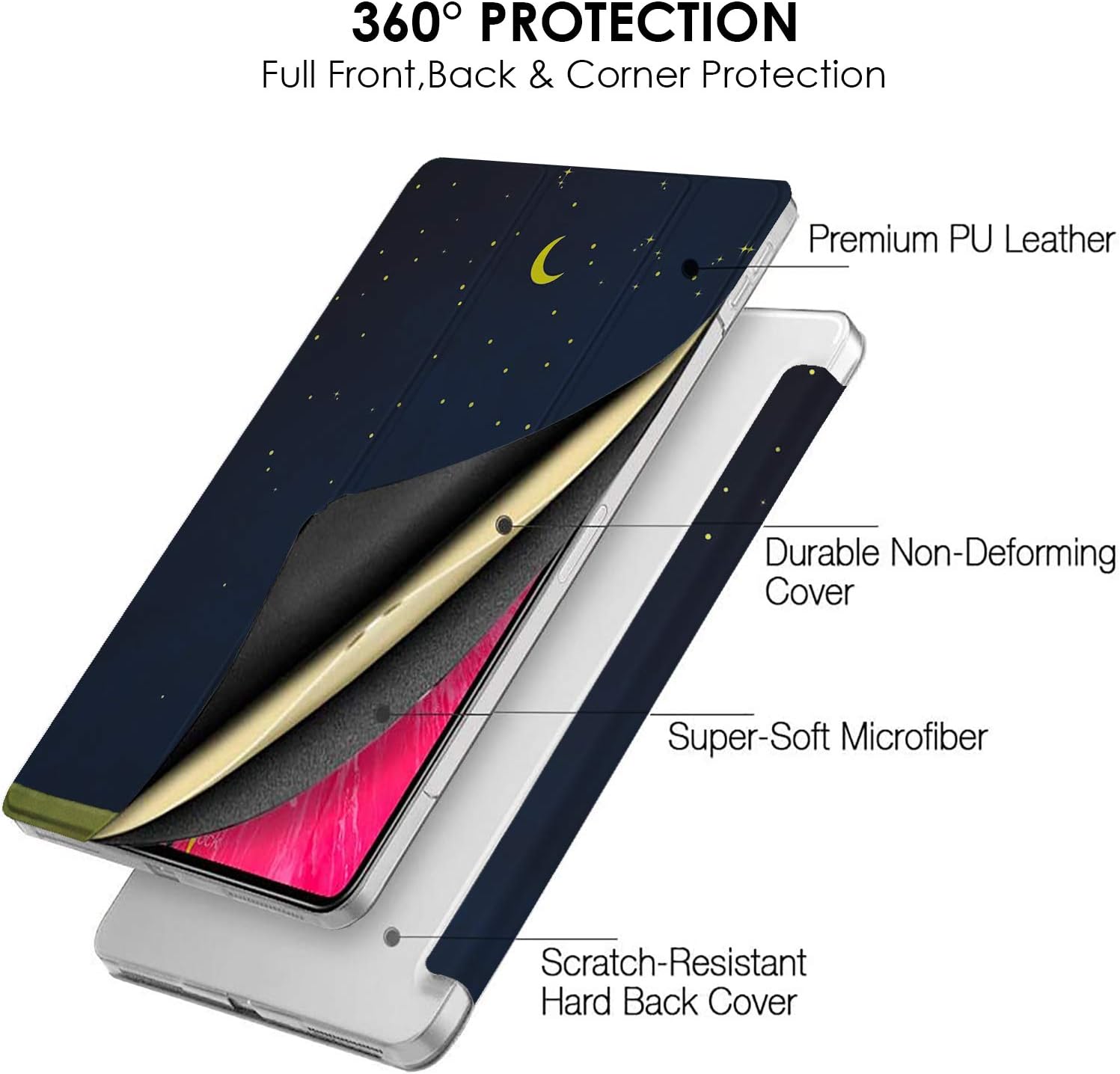 360° PROTECTION  
Full Front, Back & Corner Protection

Premium PU Leather  
Durable Non-Deforming Cover  
Super-Soft Microfiber  
Scratch-Resistant Hard Back Cover