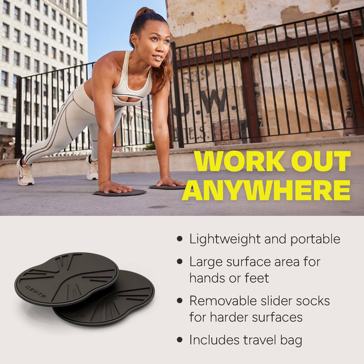 Work Out Anywhere: Lightweight and portable with a large surface area for hands or feet, removable slider socks for harder surfaces, and includes a travel bag.