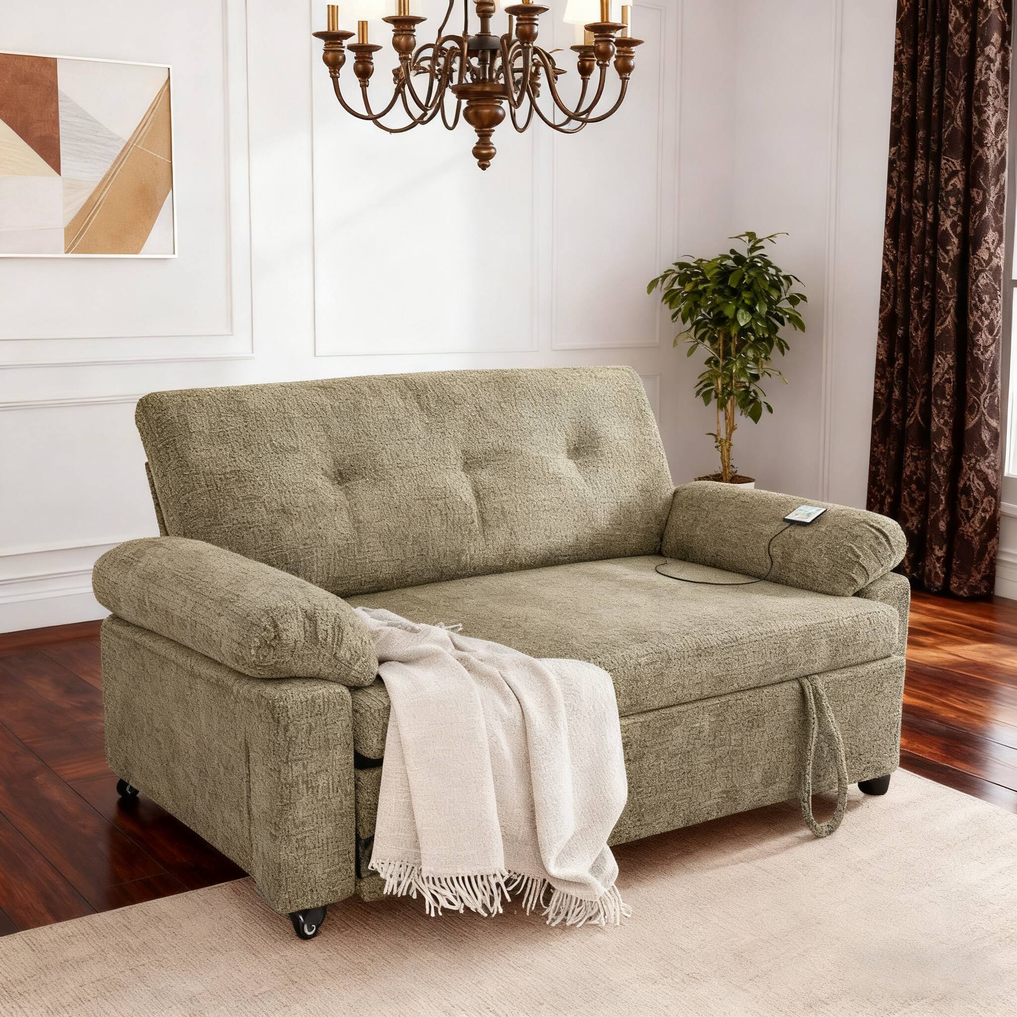 Front. Vipbear - 3 in 1 Convertible Sleeper Sofa Bed, Pull Out Couch Bed with USB Ports, Reclining Backrest, Side Pockets - Green.