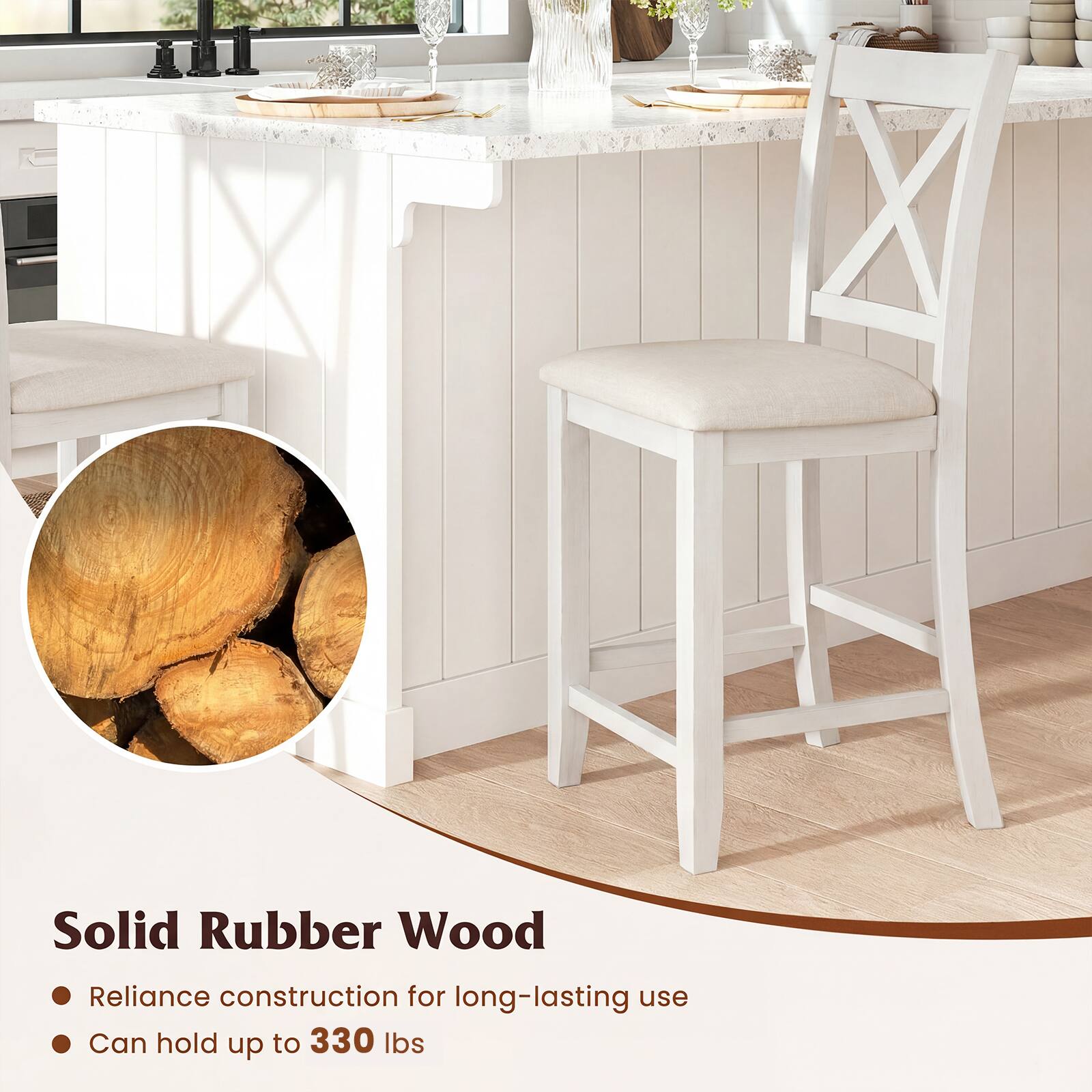 Solid Rubber Wood  
- Reliance construction for long-lasting use  
- Can hold up to 330 lbs