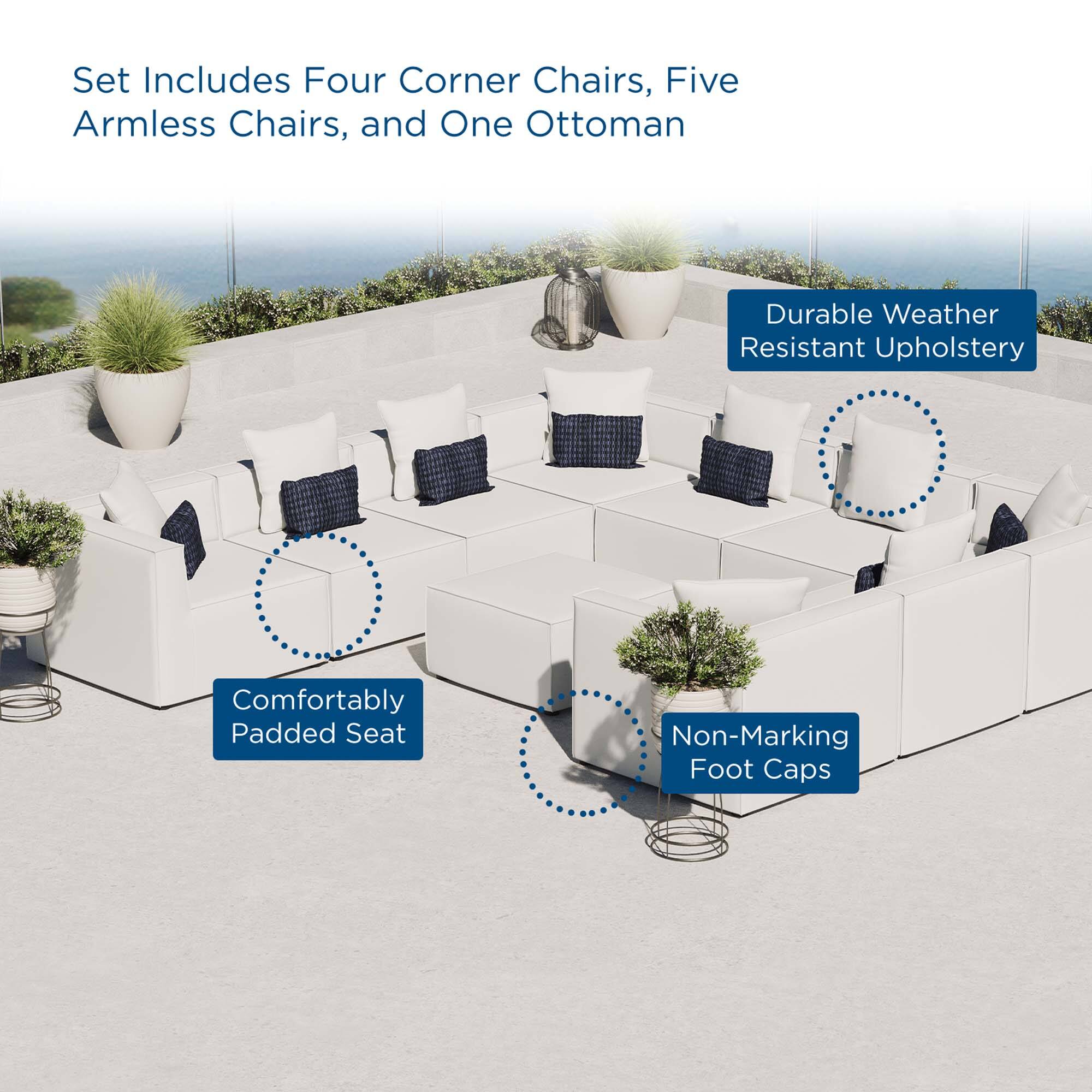 Set Includes Four Corner Chairs, Five Armless Chairs, and One Ottoman

- Durable Weather Resistant Upholstery
- Comfortably Padded Seat
- Non-Marking Foot Caps