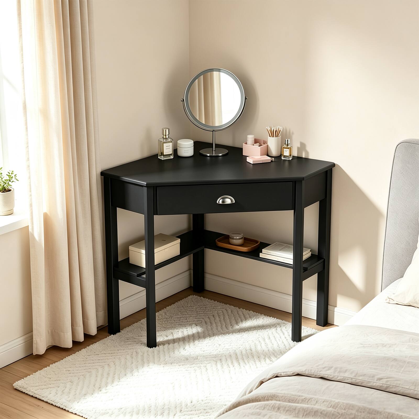 Alt View 1. Costway - Corner Desk Space-saving Triangular Computer Desk with Storage Drawer & Shelf - Rustic Black.