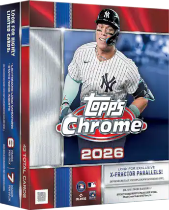 NO PURCHASE NECESSARY. VISIT TOPPS.COM/NPN FOR DETAILS AND ENTRY. PACKS A WITH SPECIAL INSERT MAY CONTAIN LESS CARDS.
LIMITED LOOK FOR CARDS: HIGHLY STATIC LIGHTBOARD NOISE INSERTS LOGO VARIATIONS 9 PER PACKS BOX PER CARDS PACK
42 TOTAL CARDS
NY TOPPS Chrome 2026 LOOK FOR EXCLUSIVE X-FRACTOR PARALLELS! TOPPS.COM/NPN FOR DETAILS AND ENTRY.) PURCHASE NECESSARY. VISIT (NO CARD MAJOR LEAGUE BASEBALL PRODUCT OF MAJOR LEAGUE BASEBALL. OFFICIALLY LICENSED hc. Officially Licensed Product of MLB Players, COLLATION PLAYERS