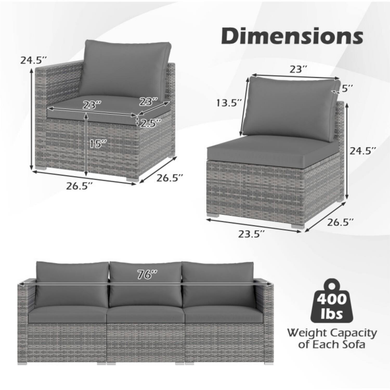 Dimensions:
- Armchair: 24.5" H x 23" W x 26.5" D
- Seat Depth: 23"
- Seat Height: 15"
- Arm Height: 23.5"
- Back Height: 24.5"
- Cushion Thickness: 2.5"
- Seat Cushion Depth: 13.5"
- Sofa: 76" W x 26.5" D

Weight Capacity of Each Sofa: 400 lbs