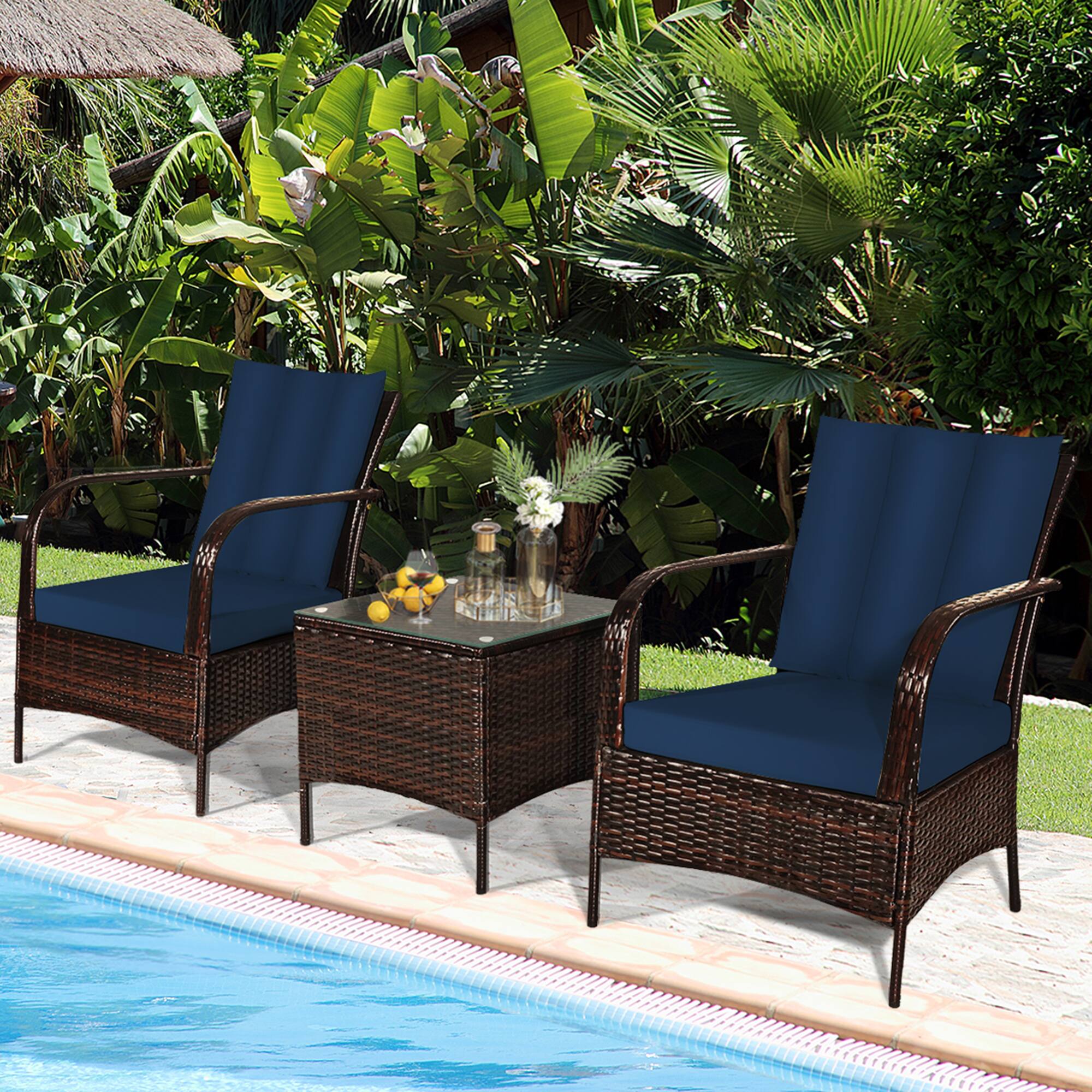 Alt View 2. Gymax - Gymax 3PCS Rattan Patio Conversation Set Outdoor Furniture Set w/ Table Cushions - Navy.