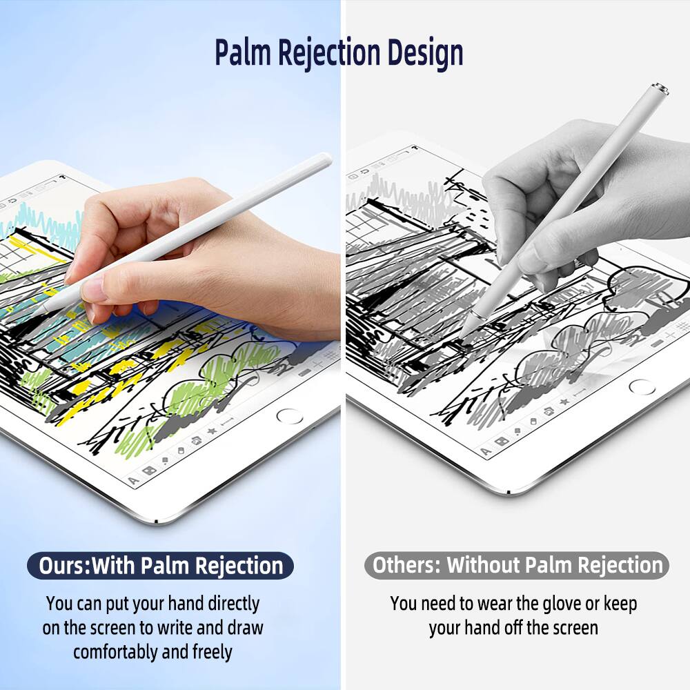 Palm Rejection Design

Ours: With Palm Rejection  
You can put your hand directly on the screen to write and draw comfortably and freely

Others: Without Palm Rejection  
You need to wear the glove or keep your hand off the screen