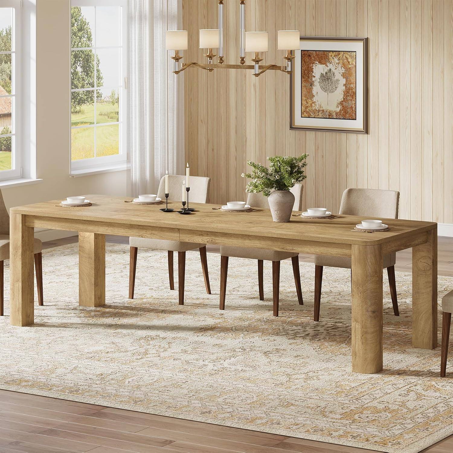 Angle. Tribesigns - Farmhouse Dining Table with Engineered Wood Construction and Rounded Edges for Dining Room and Kitchen - Light Brown.