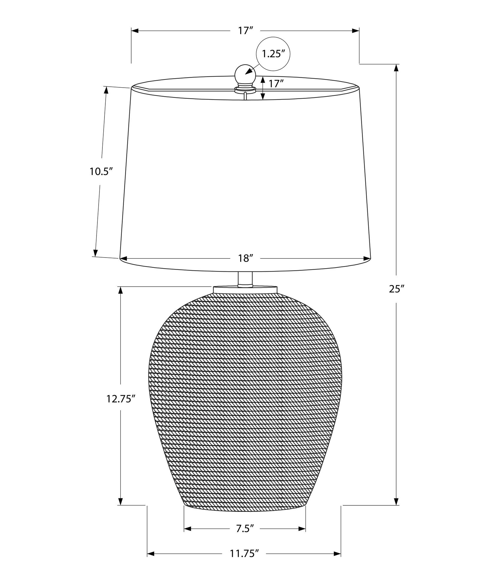 1.25", 17", 17", 10.5", 18", 25", 12.75", 7.5", 11.75"