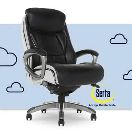 The image features a black and white office chair with a black leather seat and a metal frame. The chair is placed on a wheeled base, and there are four wheels visible in the image. The chair is positioned in front of a blue background with clouds, giving the scene a pleasant and relaxing atmosphere. The text "Serta Always Comfortable" is displayed in the background, emphasizing the comfort and quality of the chair.