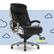 The image features a black and white office chair with a black leather seat and a metal frame. The chair is placed on a wheeled base, and there are four wheels visible in the image. The chair is positioned in front of a blue background with clouds, giving the scene a pleasant and relaxing atmosphere. The text "Serta Always Comfortable" is displayed in the background, emphasizing the comfort and quality of the chair.
