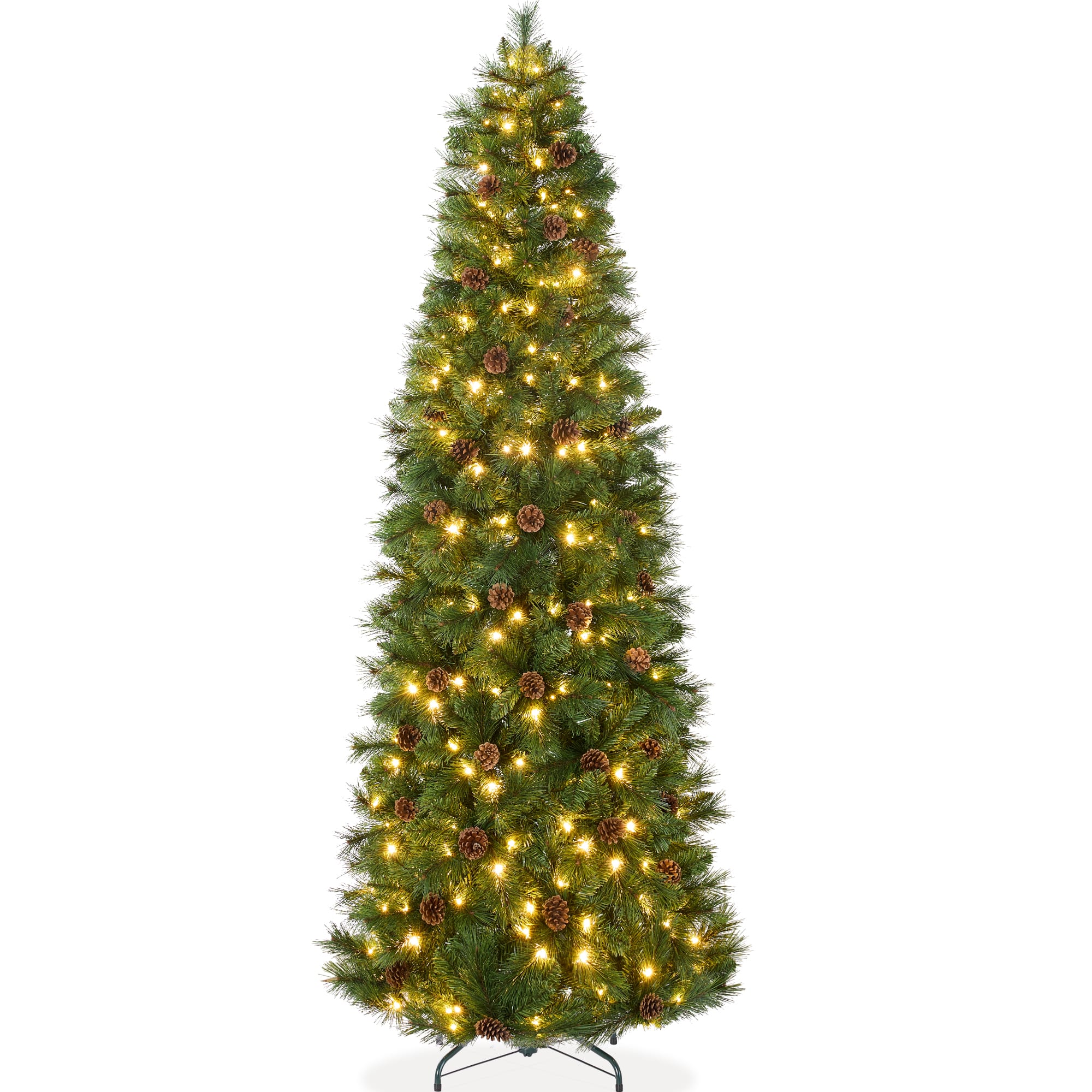 Front. Best Choice Products - Best Choice Products 6ft Pre-Lit Artificial Scotch Pine Pencil Christmas Tree w/ 150 LED Lights, Metal Stand - Green.