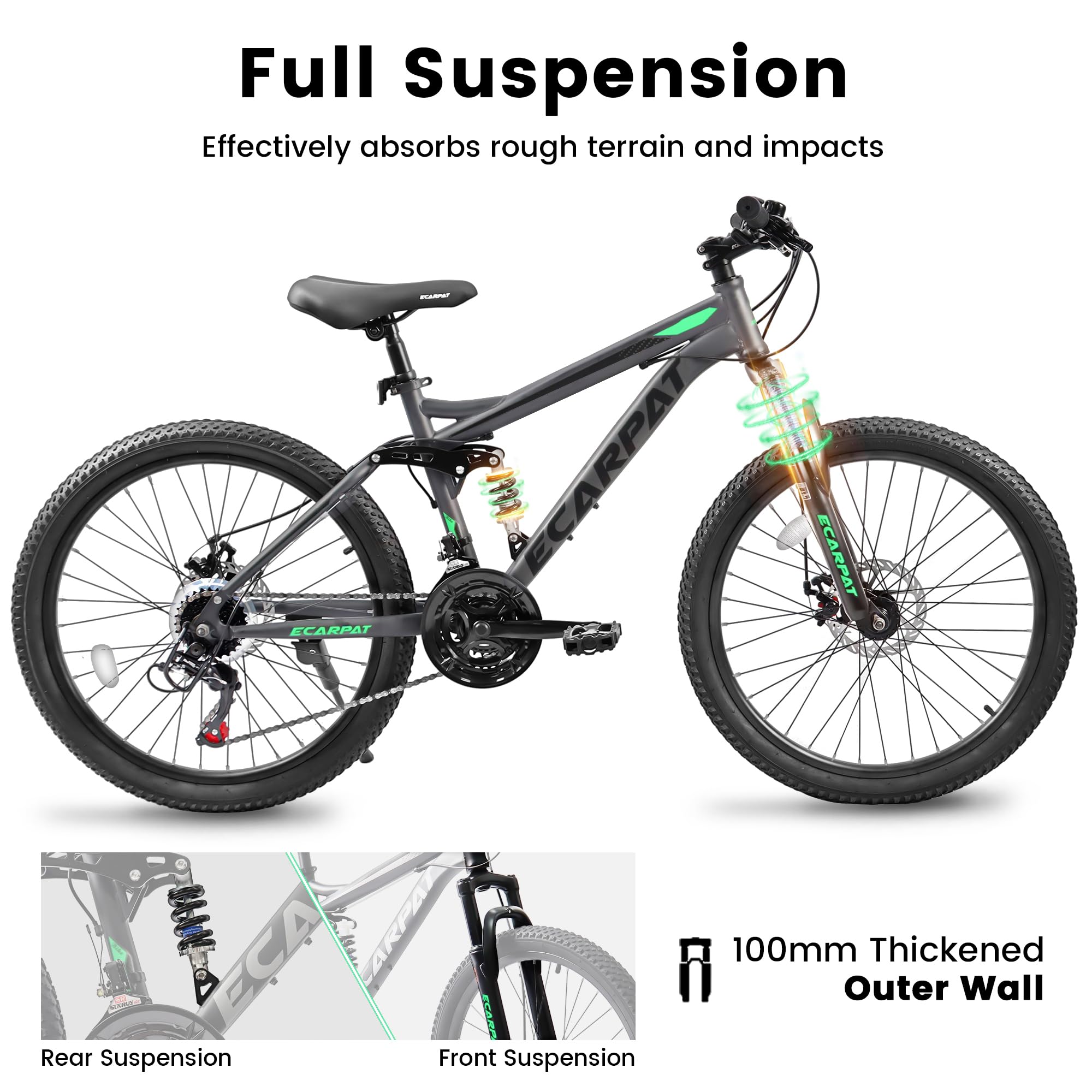 Full Suspension  
Effectively absorbs rough terrain and impacts  

Rear Suspension  
Front Suspension  

100mm Thickened Outer Wall