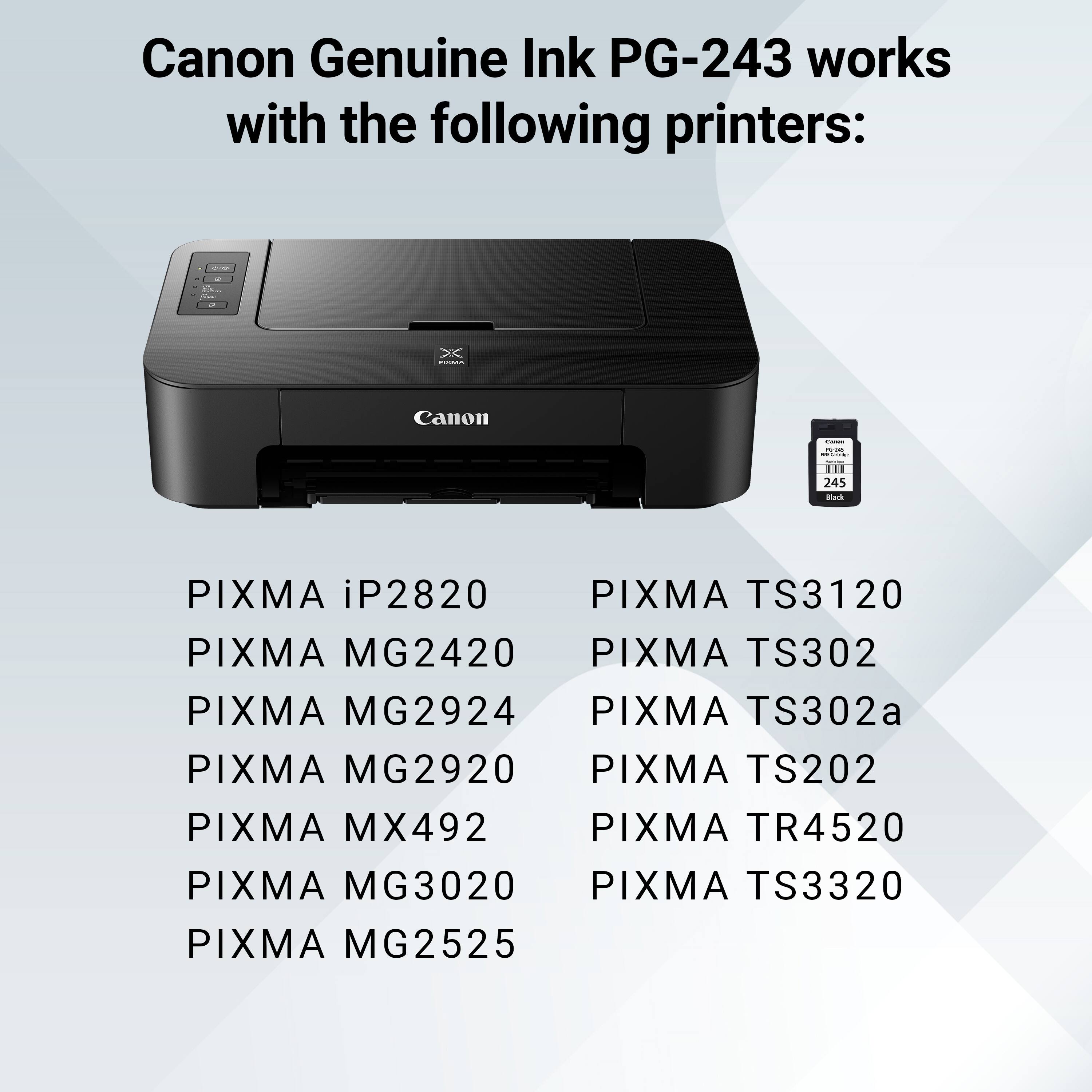 Canon Genuine Ink PG-243 works with the following printers:

- PIXMA iP2820
- PIXMA MG2420
- PIXMA MG2924
- PIXMA MG2920
- PIXMA MX492
- PIXMA MG3020
- PIXMA MG2525
- PIXMA TS3120
- PIXMA TS302
- PIXMA TS302a
- PIXMA TS202
- PIXMA TR4520
- PIXMA TS3320