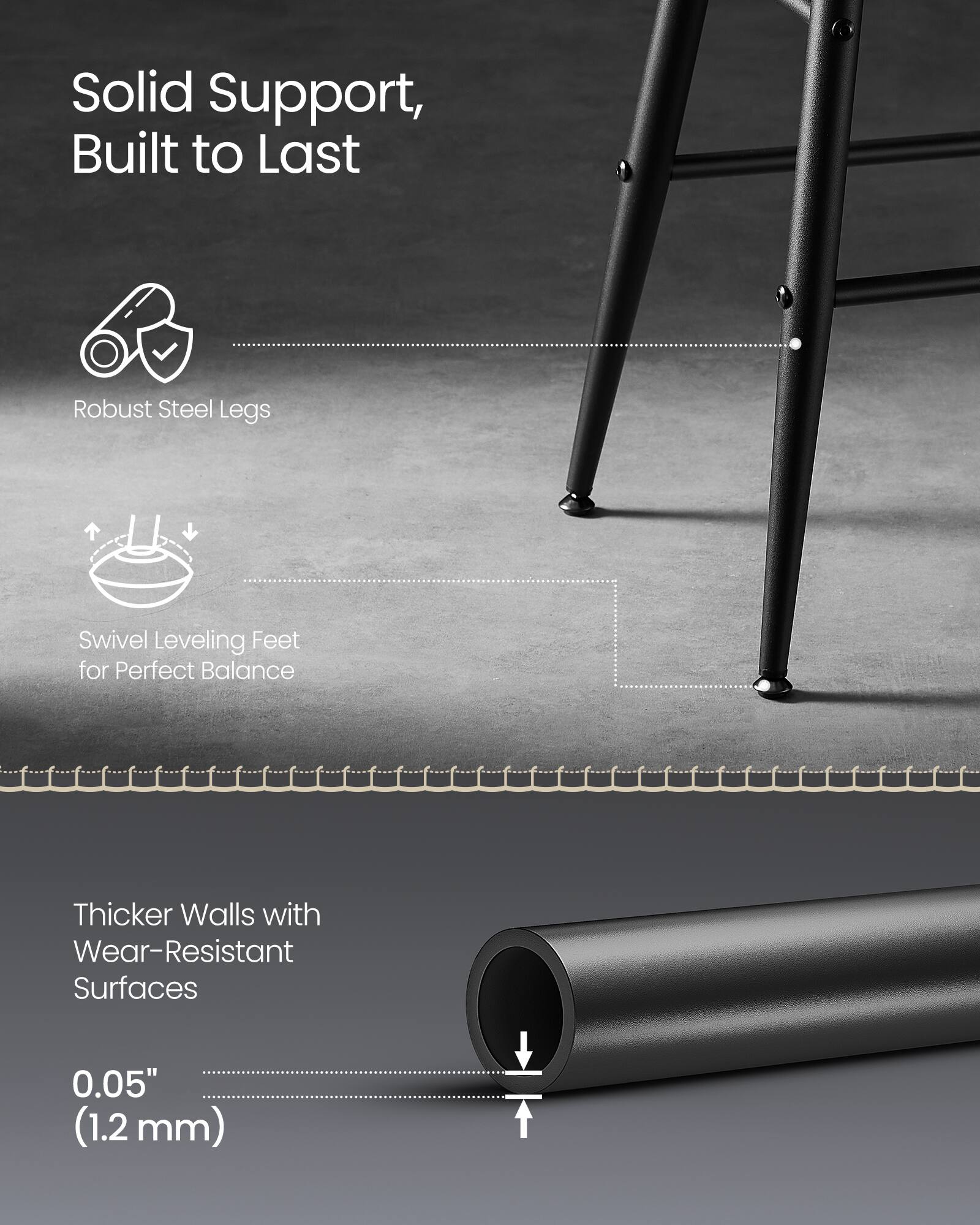 Solid Support, Built to Last  
Robust Steel Legs  
Swivel Leveling Feet for Perfect Balance  
Thicker Walls with Wear-Resistant Surfaces  
0.05" (1.2 mm)