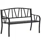 Front. Outsunny - 50" Outdoor Bench, Metal Garden Bench with V-Shaped Pattern Backrest, Porch Bench with Slatted Seat for Park, Yard, Lawn - Black.