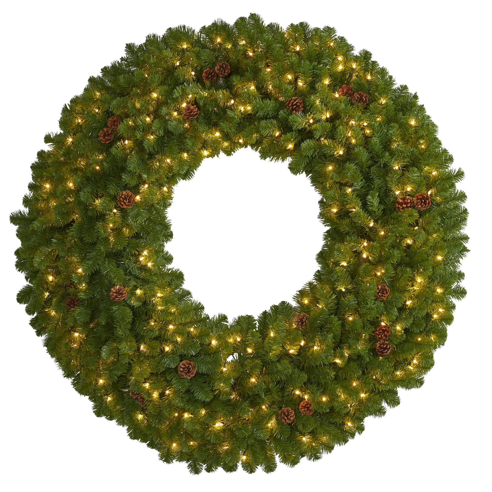 BreeBe - 5’ Christmas Wreath with 280 Lights, 600 Tips and Pine Cones - Green