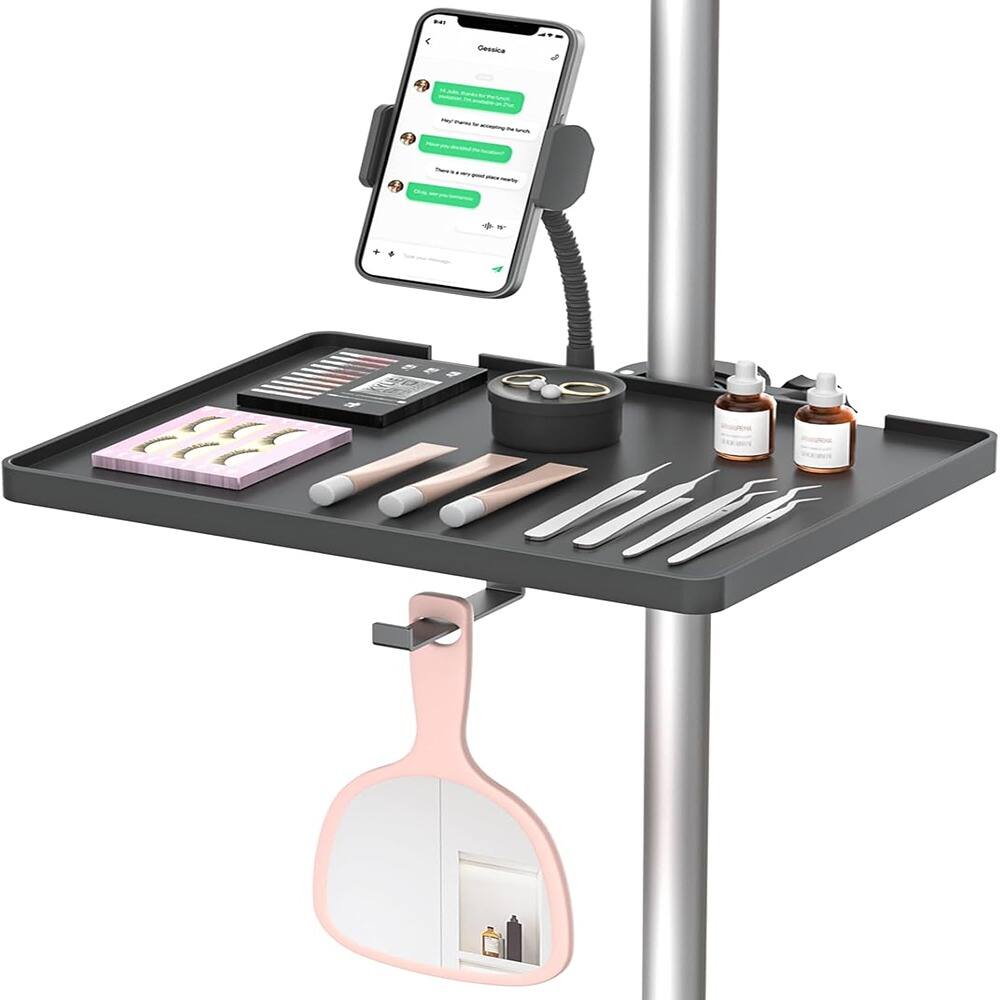 Front. Schertz - Adjustable Lash Tray Holder for Ring Light, Clip-On Organizer Stand with Phone Holder & Mirror Hook for Eyelash Extensio - Black.