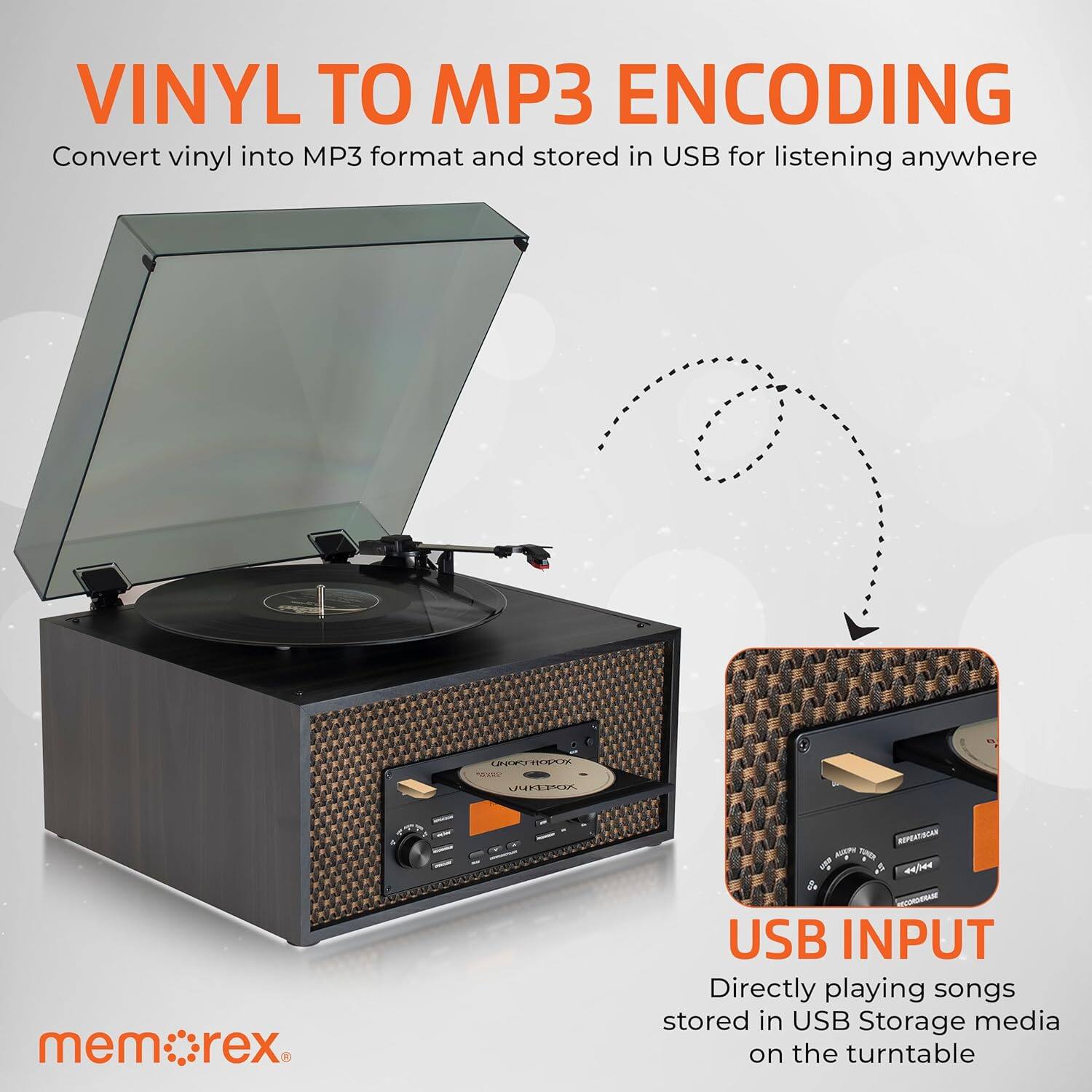 VINYL TO MP3 ENCODING  
Convert vinyl into MP3 format and stored in USB for listening anywhere  

USB INPUT  
Directly playing songs stored in USB Storage media on the turntable  

mem:rex