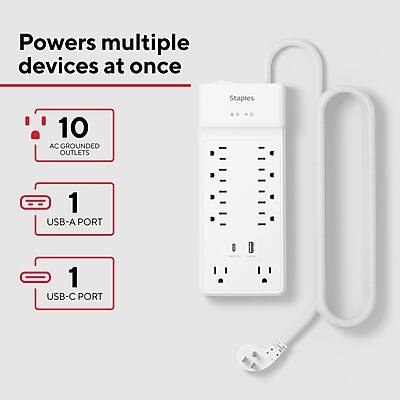 Powers multiple devices at once

- 10 AC GROUNDED OUTLETS
- 1 USB-A PORT
- 1 USB-C PORT