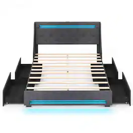 Costway - Full Size Bed Frame with LED Lights & Charging Station Upholstered Platform Bed - Gray