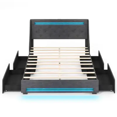 Costway Full Size Bed Frame with LED Lights & Charging Station Upholstered Platform Bed - Gray
