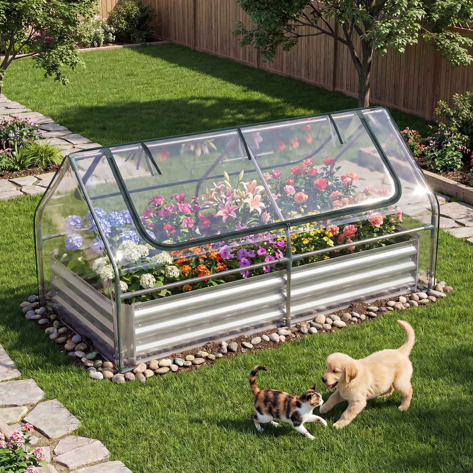 Alt View 3. Gymax - Gymax Galvanized Steel Raised Garden Bed Metal Planter Box Kit w/ Mini Greenhouse Cover - Green & Silver.