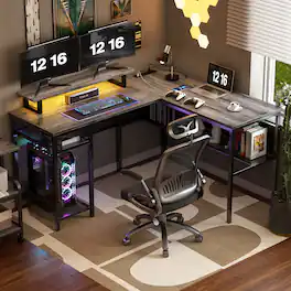 Aheaplus - 55.5'' Reversible L-Shaped Computer Desk with Power Outlets and LED Lights, Gaming Table with CPU Stand & Monitor Stand - Gray Oak