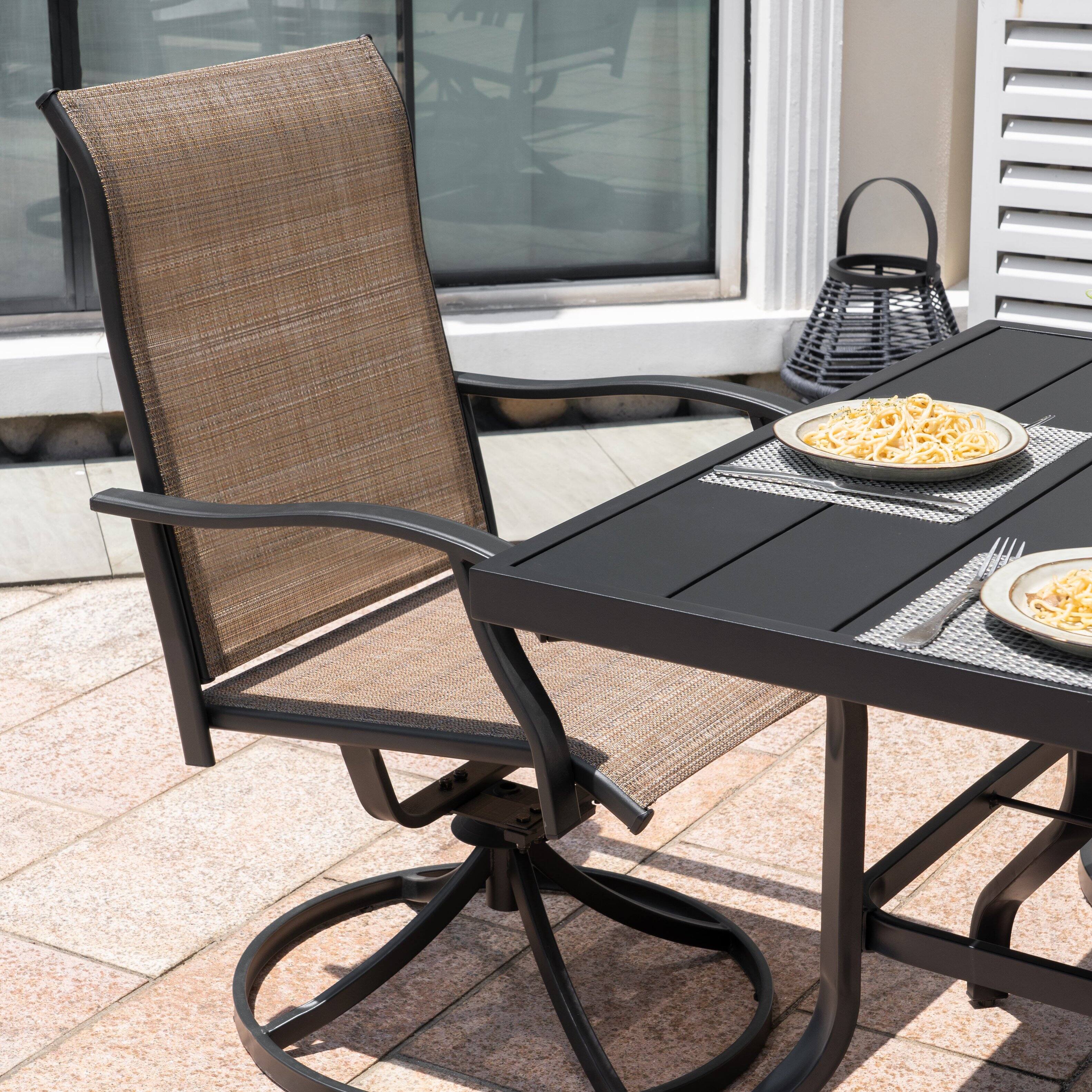 Angle. Nuu Garden - Outdoor 5-Piece Iron Dining Set, 4 Textilene Swivel Chairs and 37 Inch Square Dining Table with Umbrella Hole - Black and Brown.