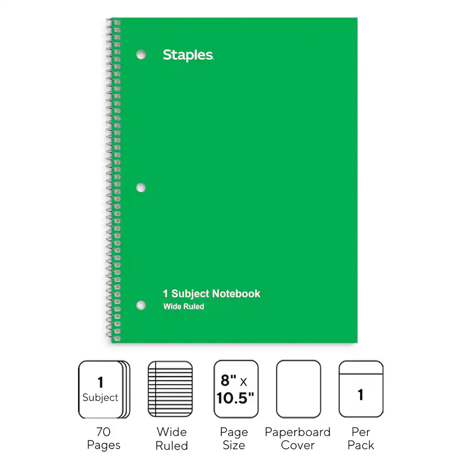 Sujce Notebook Staples 1‑Subject Notebook, 8” x 10.5”, Wide Ruled, 70 Sheets Green ...