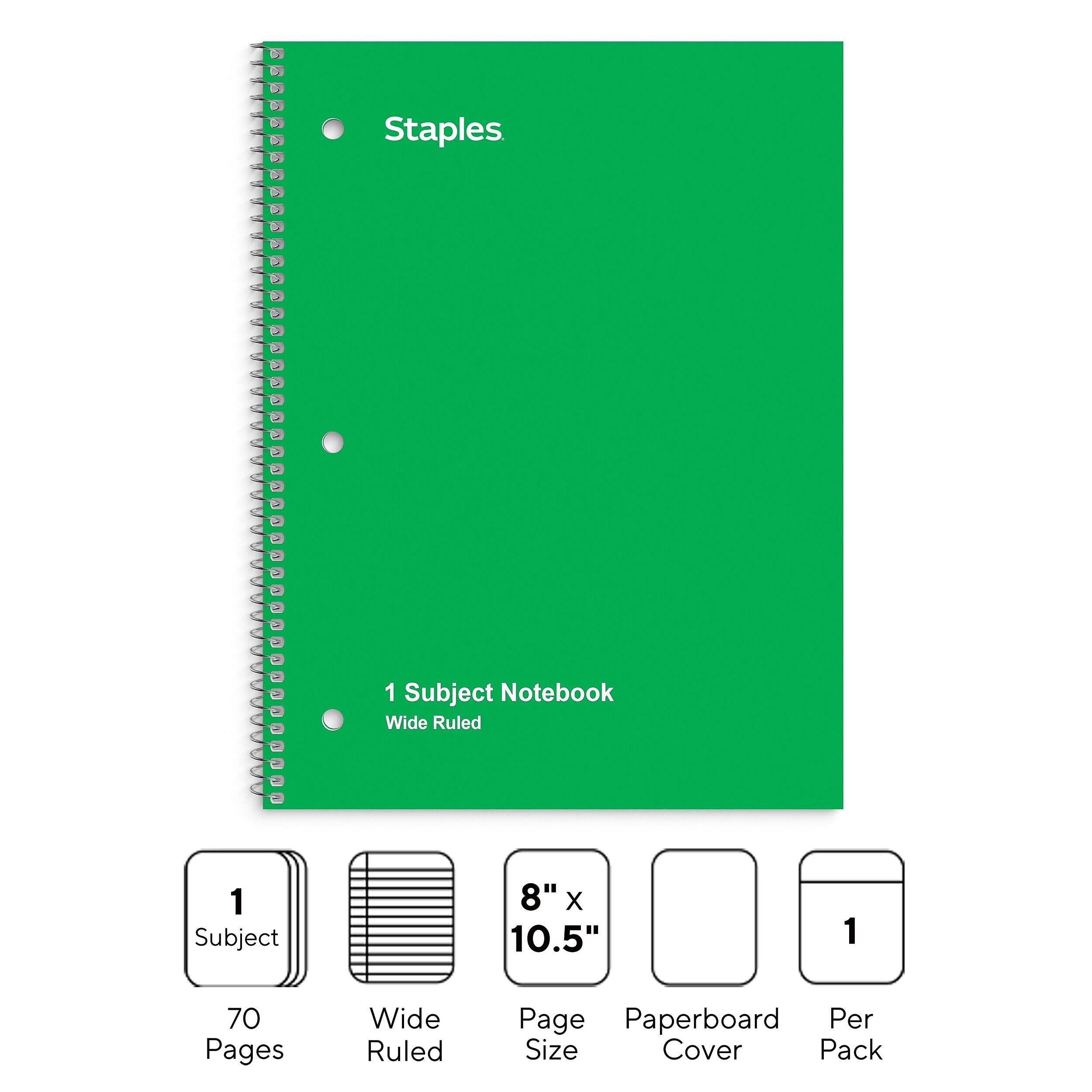 Staples 1‑Subject Notebook, 8” x 10.5”, Wide Ruled, 70 Sheets Green ...