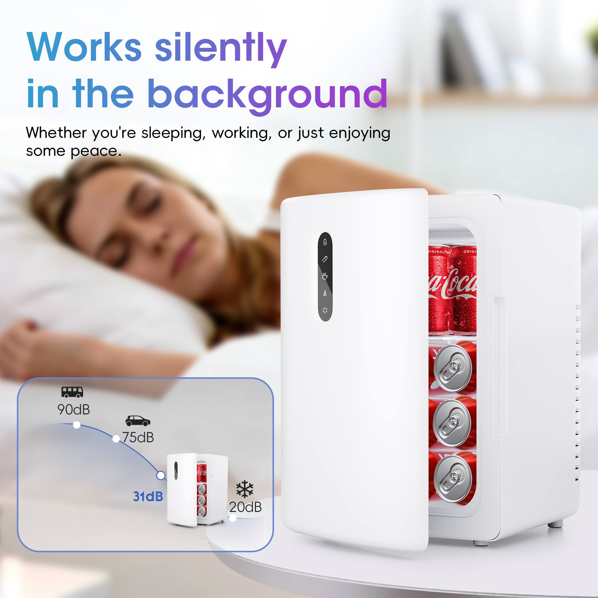 Works silently in the background  
Whether you're sleeping, working, or just enjoying some peace.  

6 goGan  
!  
.. Moca  
90dB  
75dB  
31dB  
20dB