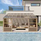 Front. U-HOMY - 10' x 16' Wall Mounted Sunroom with Sliding Door & Gutter, All-Season Aluminum Gazebo Solarium for Patio - Warm Brown.
