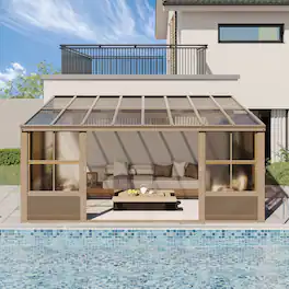 U-HOMY - 10' x 16' Wall Mounted Sunroom with Sliding Door & Gutter, All-Season Aluminum Gazebo Solarium for Patio - Warm Brown