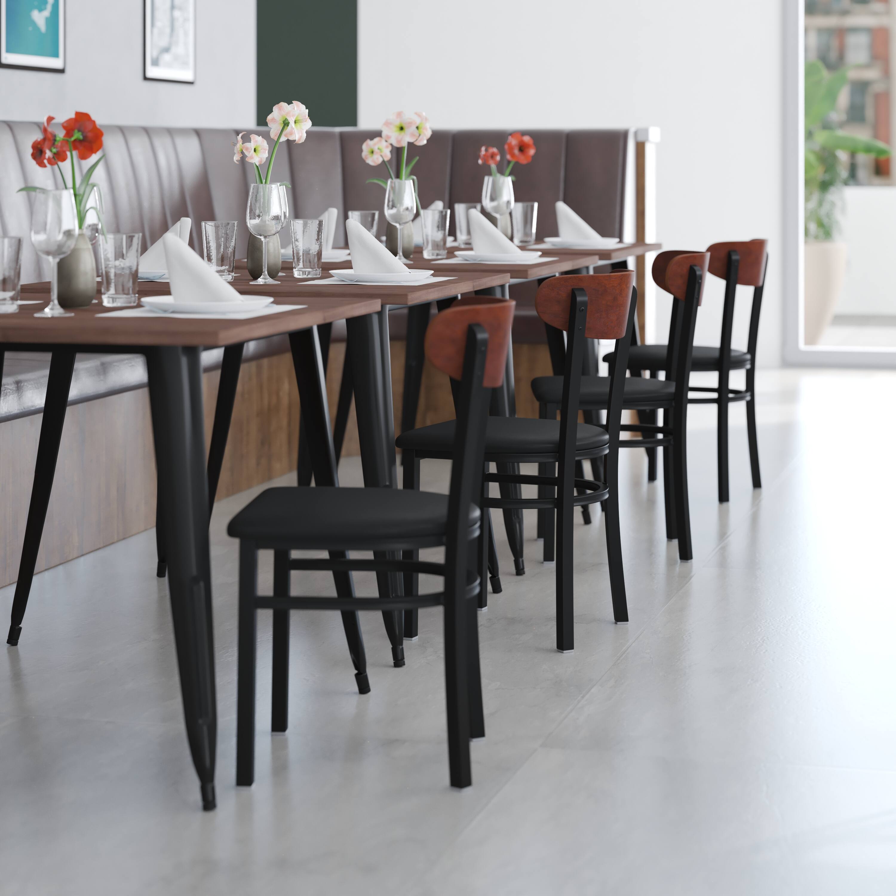 Alt View 4. Emma + Oliver - Yara Industrial Dining Chair with Rolled Steel Frame and Solid Wood Seat - 500 lbs. Static Weight Capacity - Walnut Wood Back/Black Vinyl Seat.