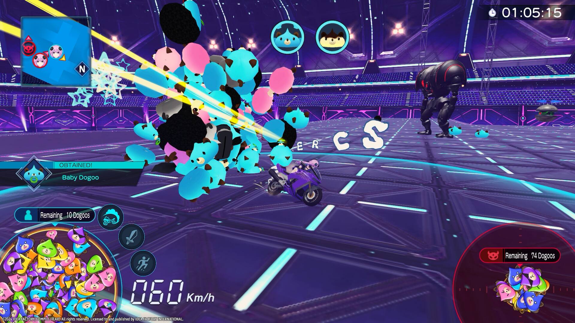 The text on the image reads: "01:05:15 N OBTAINED! Remaining 10 Dogoos Remaining 74 Dogoos 060 Km/h 2024 IQLA FACTORY COMPILE HEART All rights reserved. Licensed to and published by DEA FAGEORS INTERNATIONAL."