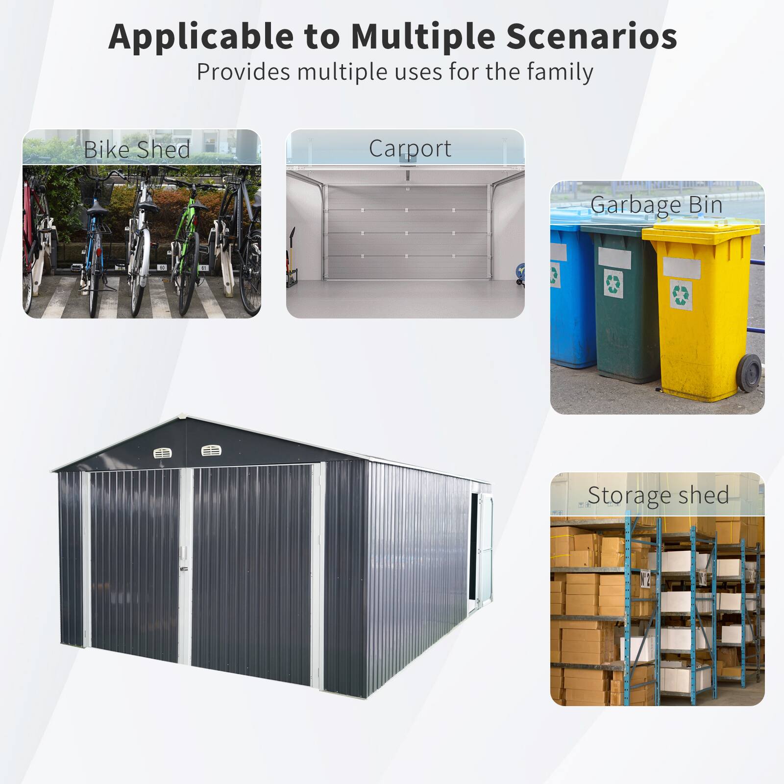 Applicable to Multiple Scenarios  
Provides multiple uses for the family  

- Bike Shed  
- Carport  
- Garbage Bin  
- Storage shed