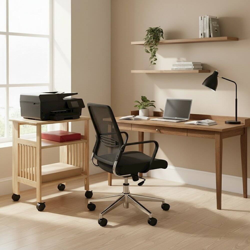 Alt View 5. FurniFact - Solid wood computer desk with foldable keyboard tray - Natural.